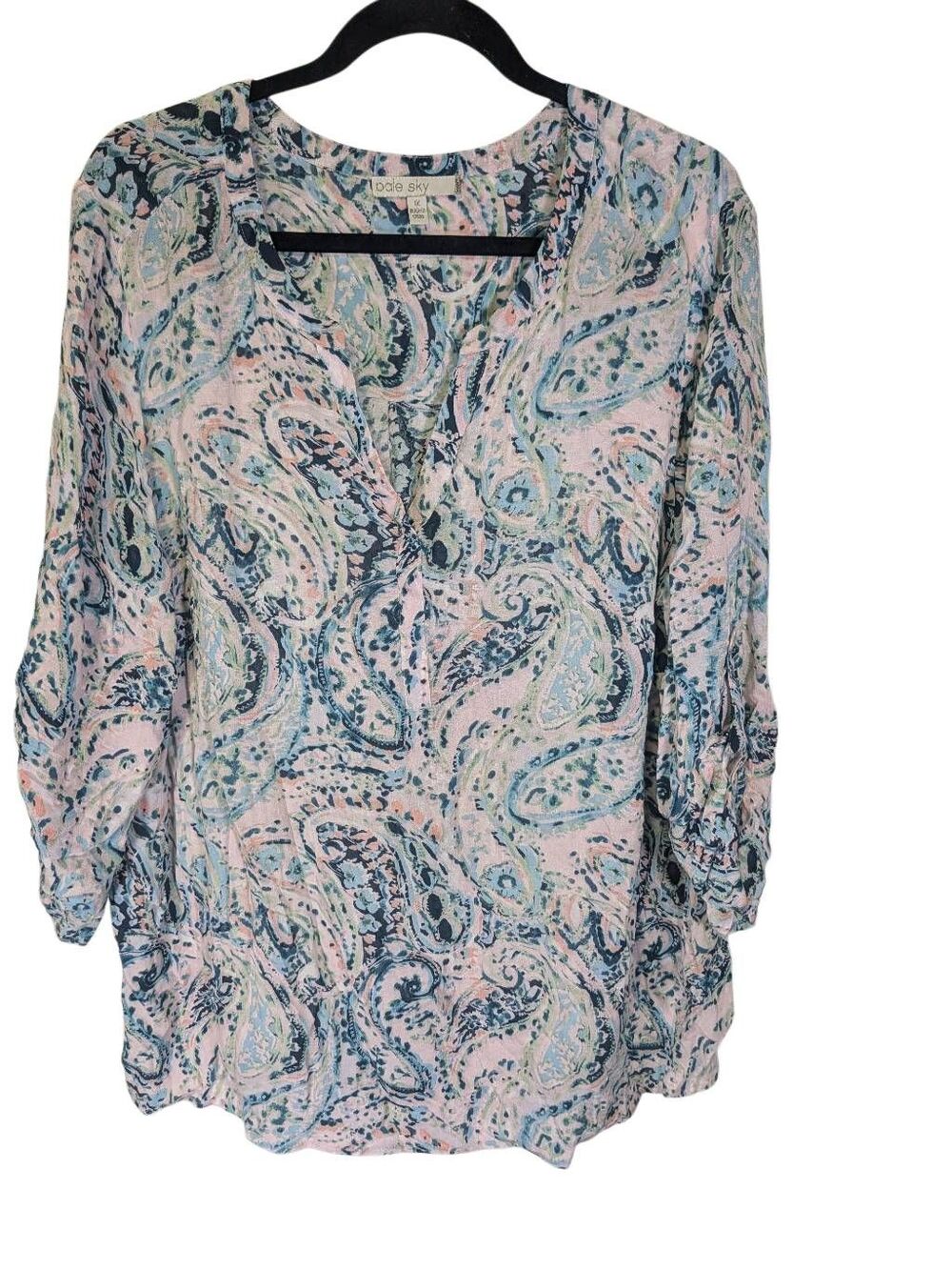 Pale Sky Paisley Top 1X pink and blue pattern